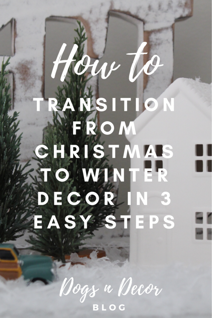 a small white house surrounded by trees, with snow on the ground and text overlay that reads how to transition from christmas to winter decor 3 easy steps