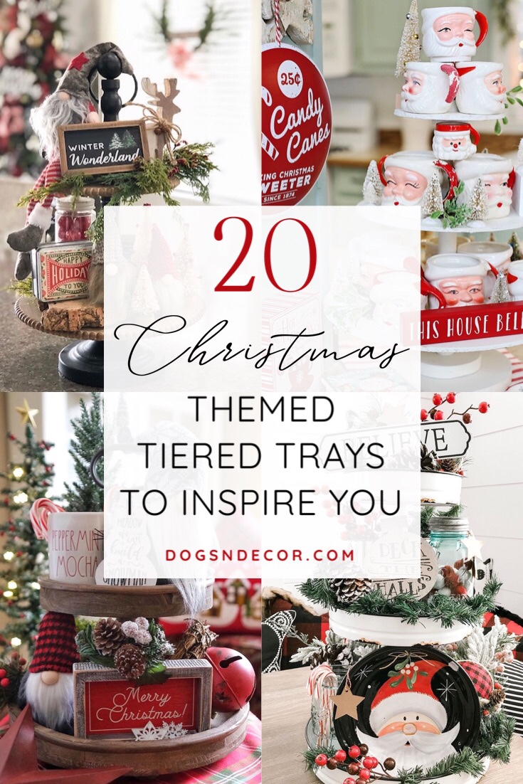 20 Christmas themed tiered trays to inspire you plus ways to easy transition those Christmas trays to a winter theme.  Via dogsndecor.com