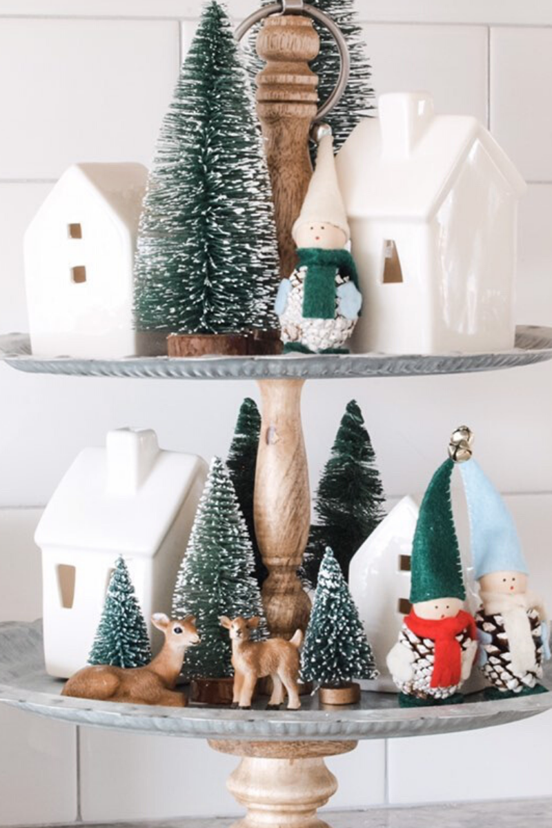 Beautiful wooden and metal Nordic two tiered Christmas / Winter themed tiered tray. Via dogsndecor.com