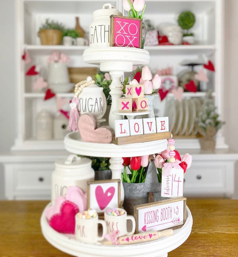 Farmhouse Inspired Valentine's Day 2-tiered Tray