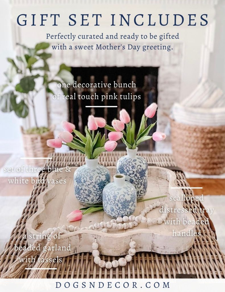 Table Decor blue and white 3 piece bud vases with pink tulips and a distressed table tray in front of beautiful white washed brick fireplace