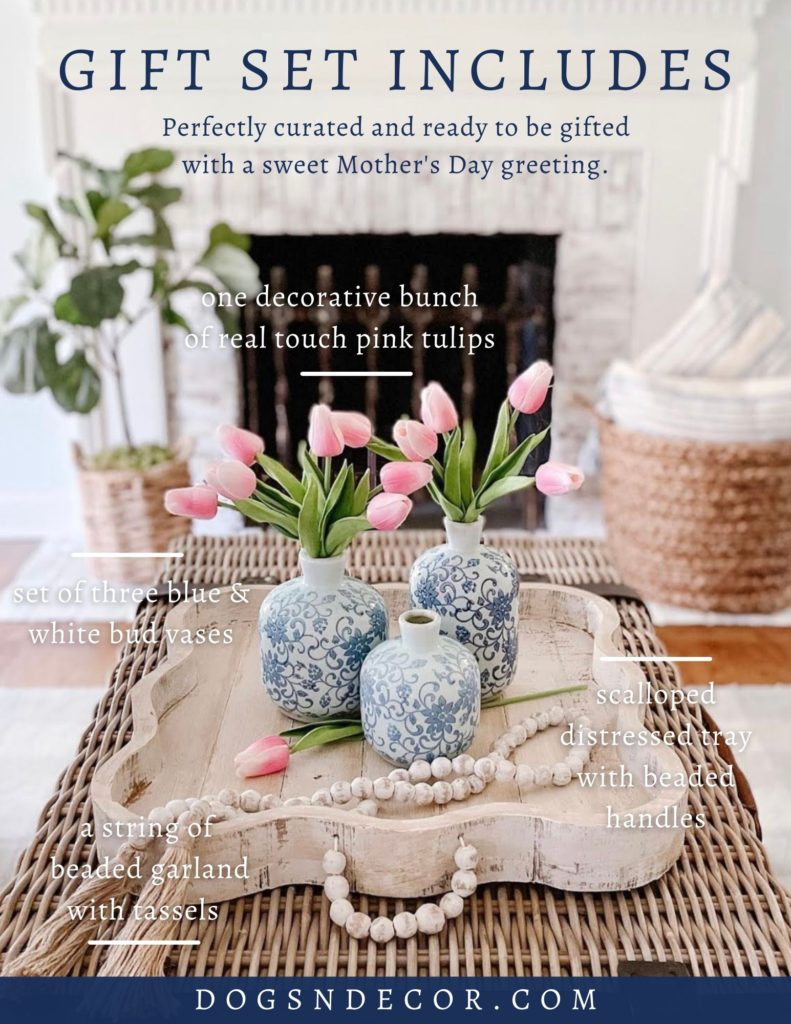Gorgeous Gift Set of blue and white 3 piece bud vases with pink tulips and a distressed table tray