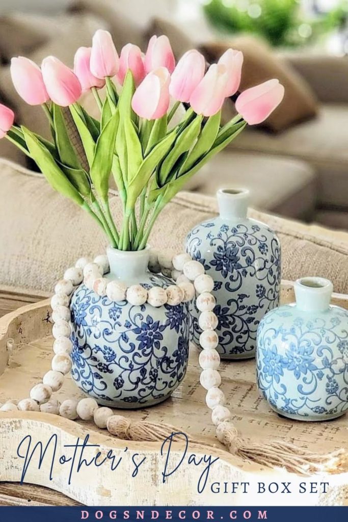 Table Decor blue and white 3 piece bud vases with pink tulips and a distressed table tray