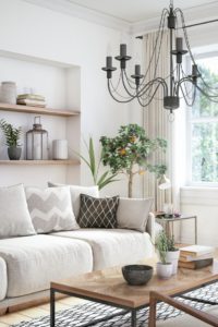 beautiful neutral modern farmhouse living room woods and whites