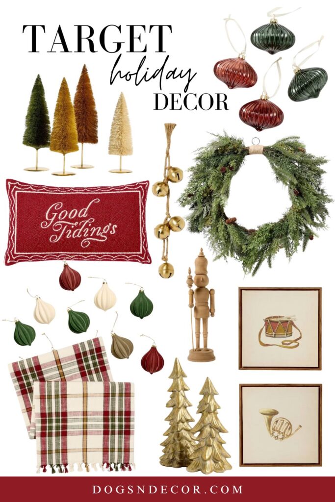 2024 Studio McGee Target Holiday Collection featuring dark red, green, and gold festive decor including trees, ornaments, and wreaths.