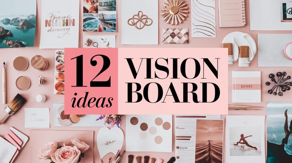 A creative flat-lay showcasing vision board essentials like images, quotes, and aesthetic items, inspiring unique vision board ideas to manifest 2025 goals with themes of travel, wellness, and abundance in a stylish, pink-toned design.