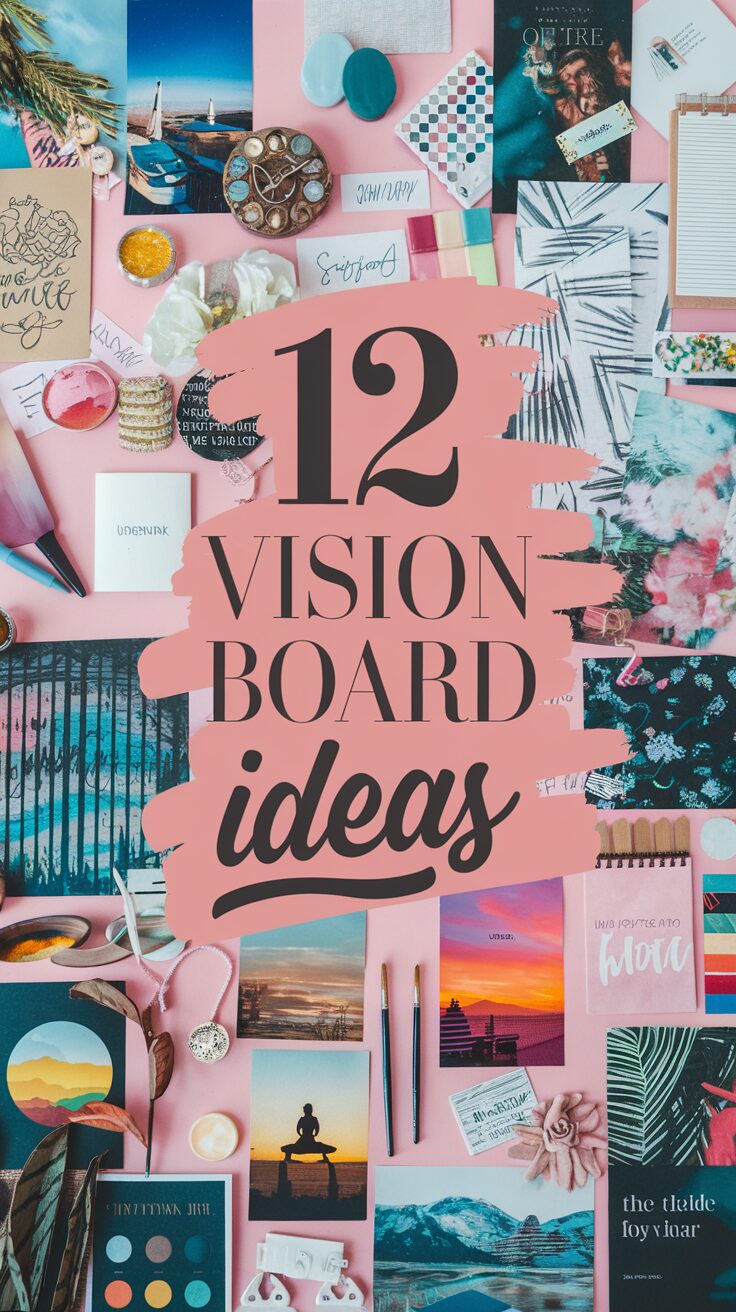 A creative flat-lay showcasing vision board essentials like images, quotes, and aesthetic items, inspiring unique vision board ideas to manifest 2025 goals with themes of travel, wellness, and abundance in a stylish, pink-toned design.