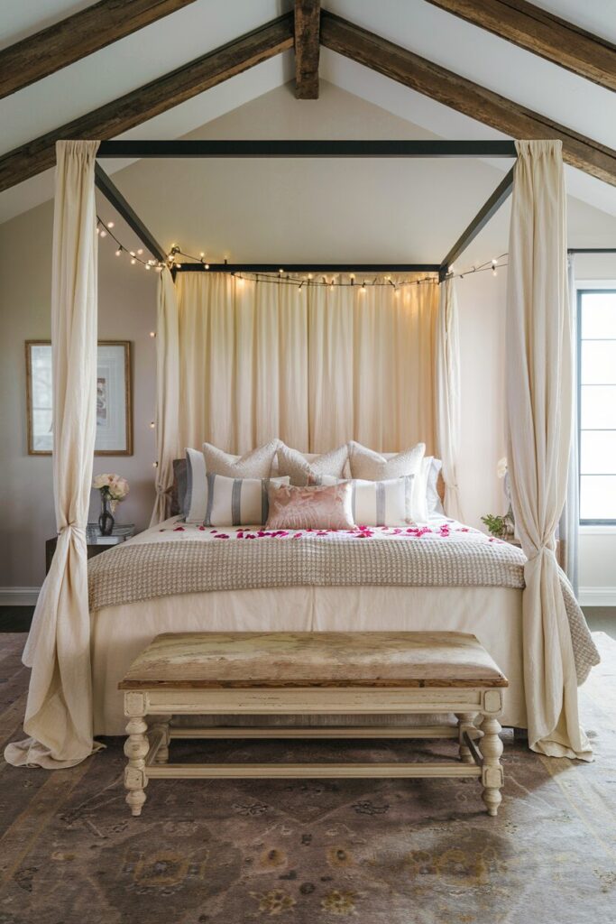 A romantic bedroom decorated with fairy lights, layered linens, and rose petals, perfect for Valentine’s Day.