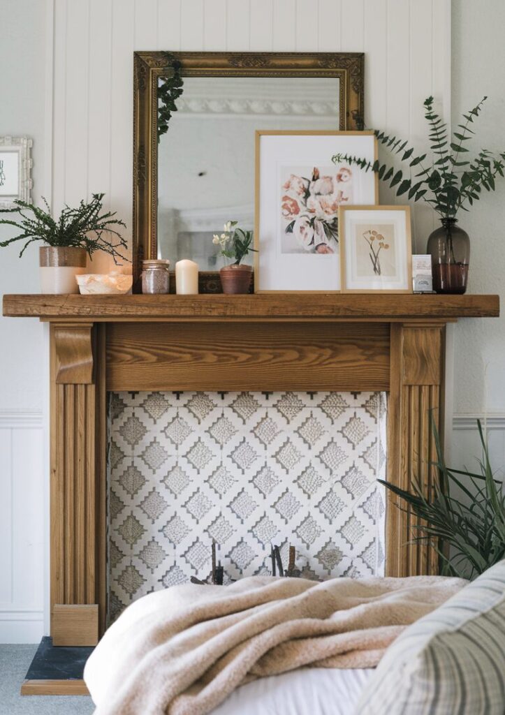 A cozy interior featuring a wooden fireplace mantel adorned with a mirror, framed floral artwork, candles, and plants. The intricately patterned fireplace adds charm, while a soft bed with fluffy pillows and a blanket completes the serene, light-toned space.