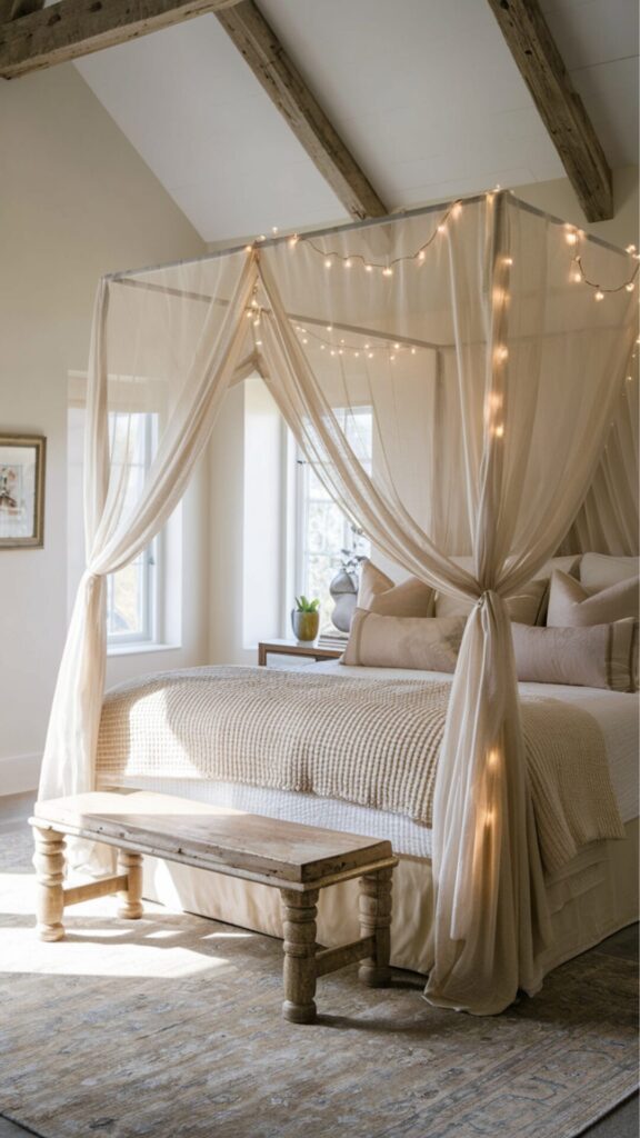 A cozy bedroom with a canopy bed draped in sheer cream fabric and fairy lights. Pillows and a textured blanket add coziness, rustic wooden beams frame the vaulted ceiling, and a distressed wooden bench sits on a muted patterned rug under natural light.