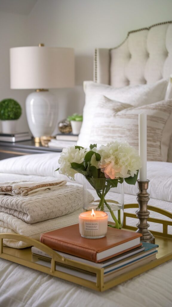 A cozy bedroom with a gold tray holding a textured blanket, leather-bound book, candle, and white flowers. The bed features white pillows and a comforter. A bedside table with a lamp, potted plant, and books adds to the serene, neutral-toned space.