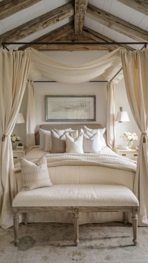 Serene cozy bedroom with a canopy bed draped in cream fabric, textured blanket, and multiple pillows. Rustic wooden beams form a vaulted ceiling, with framed artwork above the headboard. A distressed wooden bench sits at the bed's foot, atop a muted patterned rug.