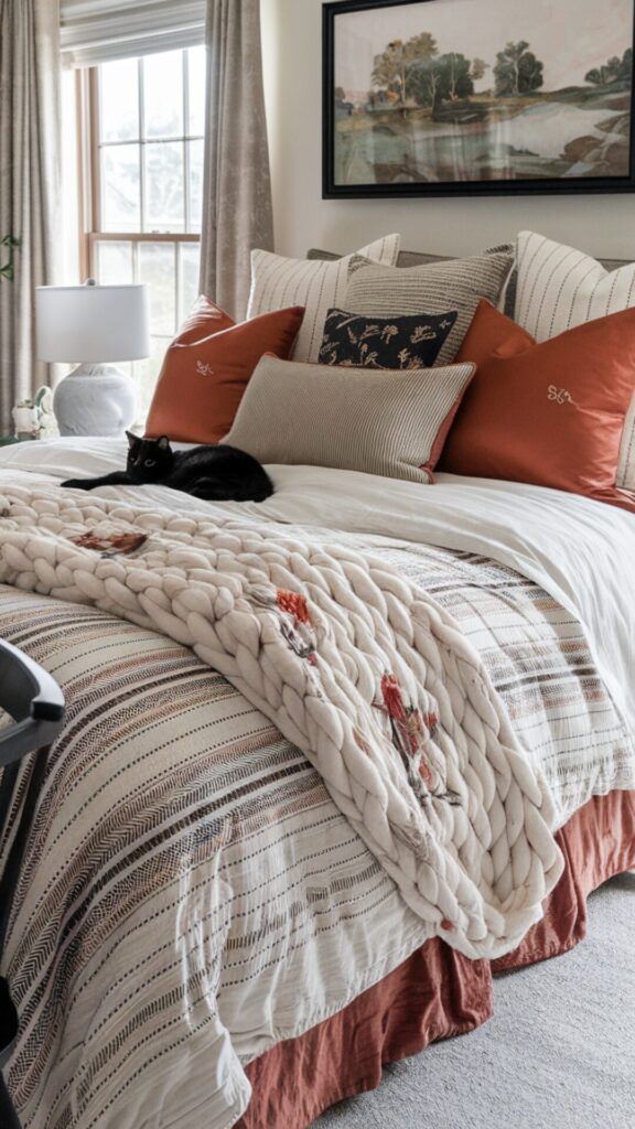 Cozy bedroom with white and rust bedding, layered pillows in varied patterns, a chunky knit blanket, beige curtains, serene landscape artwork, a black nightstand with a lamp, and a black cat lounging on the bed. Natural light brightens the inviting space.