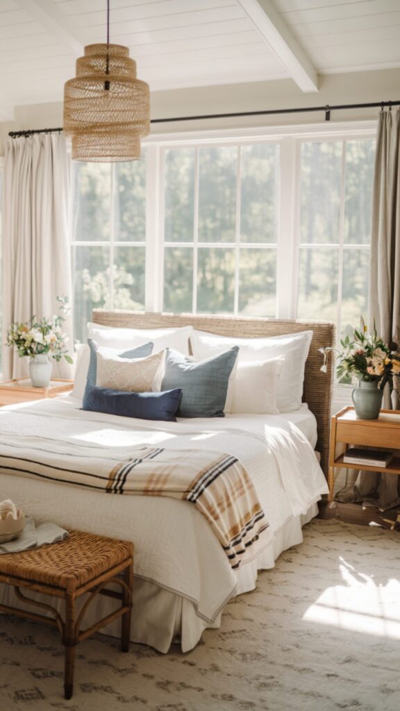 Cozy bedroom with a large bed, white linens, blue and beige pillows, striped blanket, and wicker bench. Woven pendant light above, wooden nightstands with flower vases beside, and windows showing a green forest.