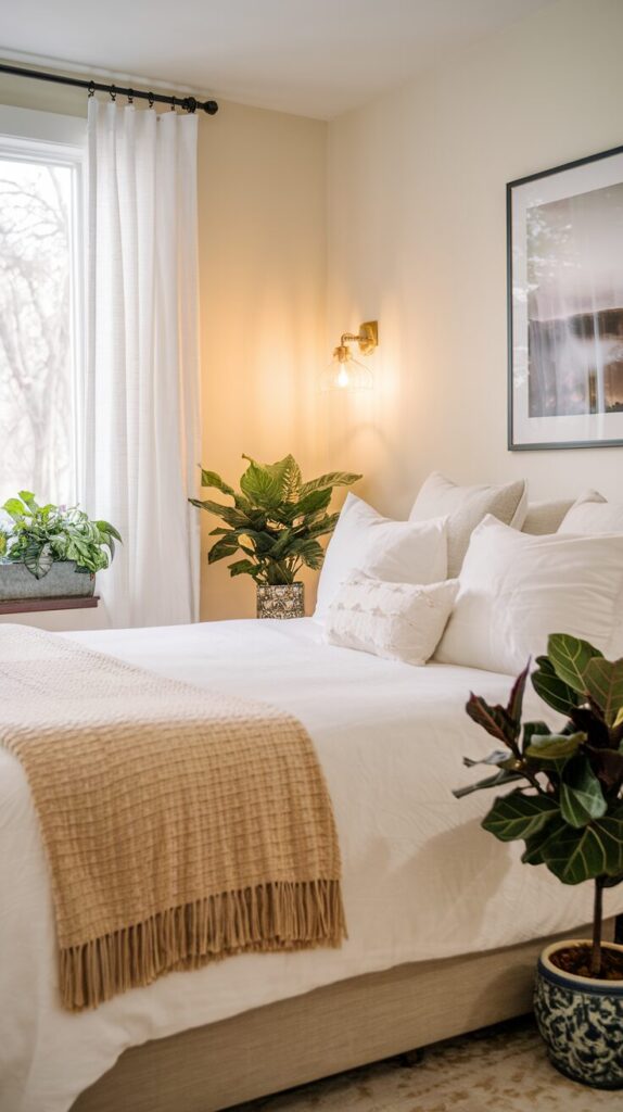 A cozy bedroom featuring lush houseplants, including a fiddle leaf fig and smaller potted greens, adding a fresh, organic touch. White bedding with a textured throw, warm lighting, and soft curtains create a serene and inviting atmosphere filled with natural charm.