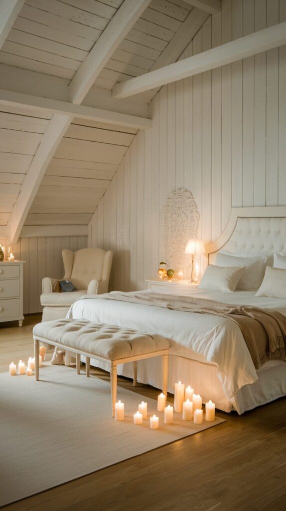 A cozy soft white bedroom with a romantic aura. The room is illuminated by candles across the furniture.