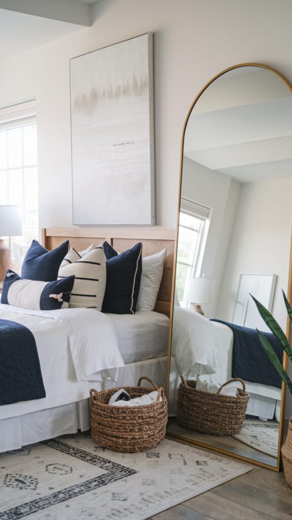 A cozy bedroom with a tall arched gold mirror, a bed dressed in navy and white linens, a woven basket at the foot, and a wooden headboard topped with artwork. A nightstand, lamp, potted plant, and natural light complete the cozy, inviting space.