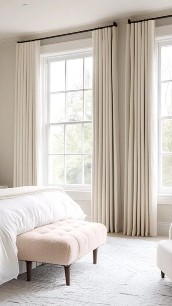 A bright, serene bedroom featuring tall windows framed by floor-to-ceiling cream blackout curtains. At the foot of a bed with white bedding sits a tufted bench in soft textured fabric. A neutral-toned rug adds warmth, completing the airy and inviting space.