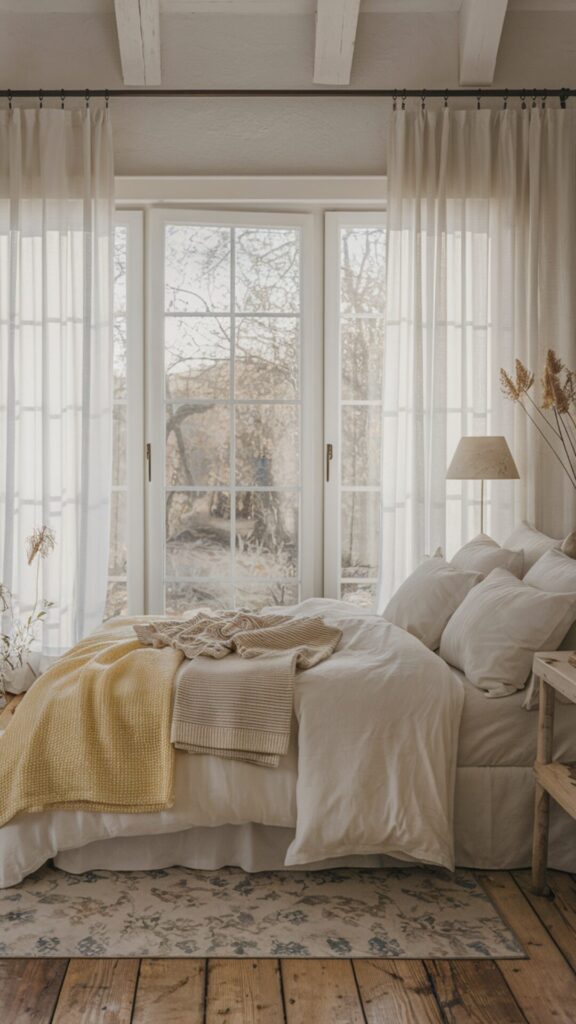 A cozy bedroom with modern farmhouse charm. A large window, framed by sheer white curtains, lets in soft sunlight, illuminating the room. The bed is positioned near the window and covered with lots of white linens , blankets and knit throws to soften and cozy up the space.