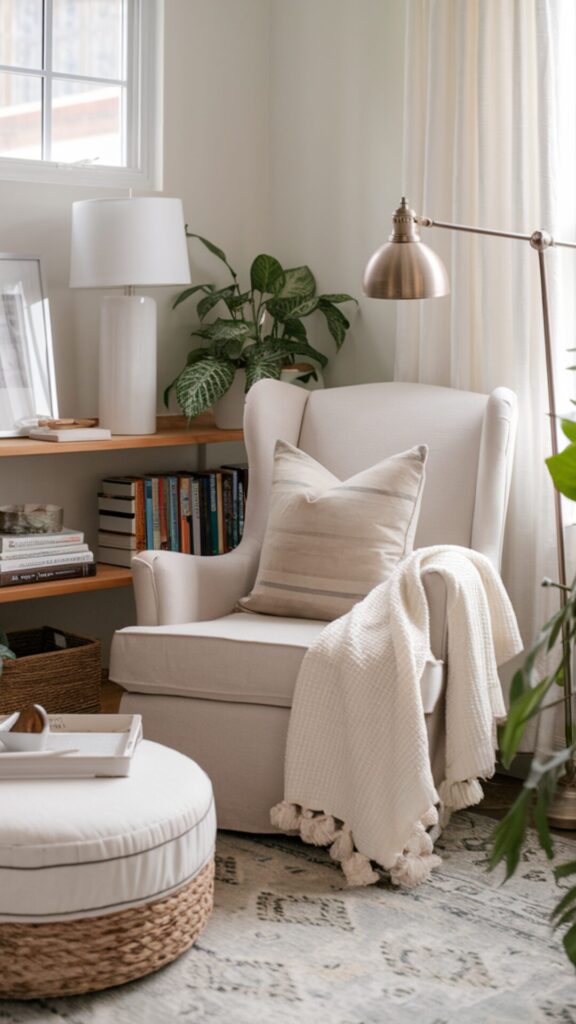 A cozy reading nook features a light-colored armchair by a window with a draped white blanket and neutral pillows, a wooden shelf with books, a white lamp, art, a metallic floor lamp, and a round woven ottoman. Decor includes green plants, a patterned rug, and soft white walls.