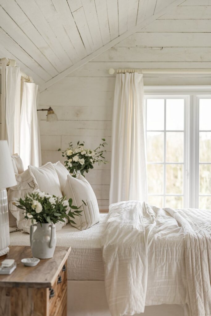 A cozy bedroom featuring a white shiplap wall. The bed is inviting with all white plush pillows and a soft blanket, creating a warm atmosphere. Natural light filters through sheer curtains, enhancing the serene vibe.