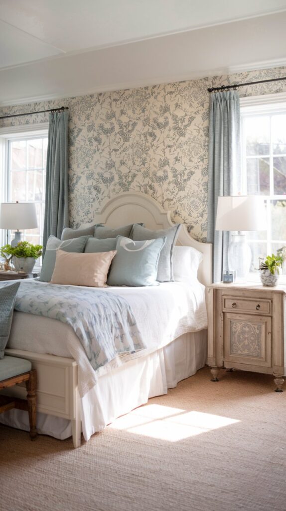 A light and airy bedroom with a white bedframe, soft blue and white linens, and a large windows bringing in natural light. The room features vintage floral wallpaper, antique wooden nightstands, and simple, elegant decor, creating a cozy charming bedroom with vintage elegance.