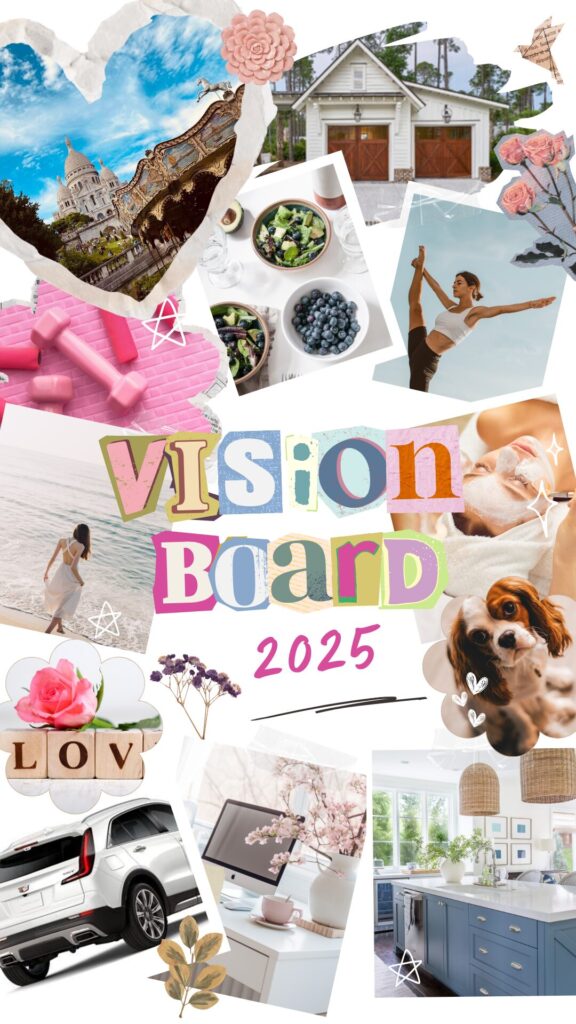 Collage style vision board featuring vibrant photos that encompass a dream life, career, dogs, home, travel.