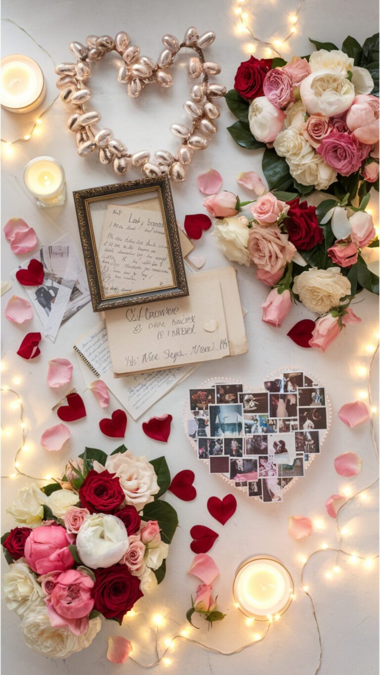 Romantic decorating ideas for Valentine’s Day featuring roses, candles, heart-shaped decor, and fairy lights, perfect for creating a love-filled ambiance at home.