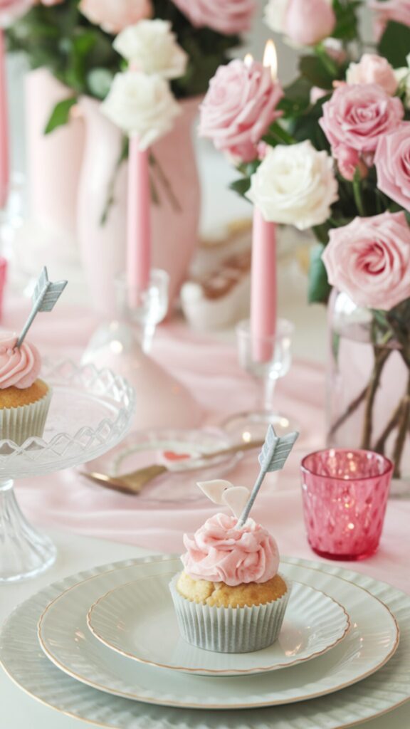 A romantic table setting featuring pink roses, candles, and cupcakes, perfect for romantic decorating ideas for Valentine’s Day.