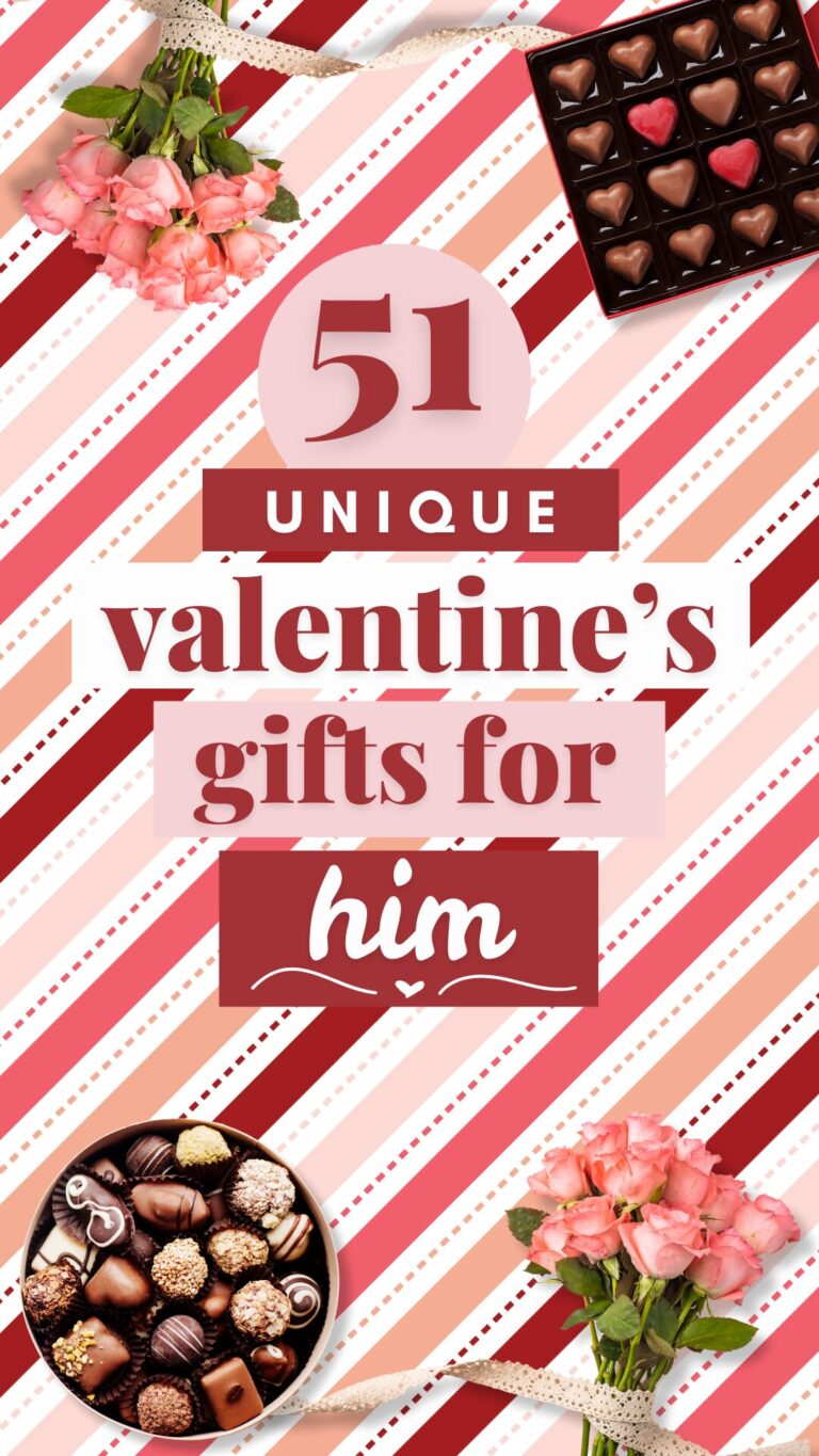 Diagonal stripes in vibrant shades of pink and red. At the center, there's a bold text that reads '51 unique valentine's gifts for him'. Surrounding this text are various objects: a box of chocolates with heart-shaped candies, a bouquet of pink roses tied with a ribbon, and a container filled with assorted chocolates. The design seems to be promoting unique Valentine's Day gifts for men.