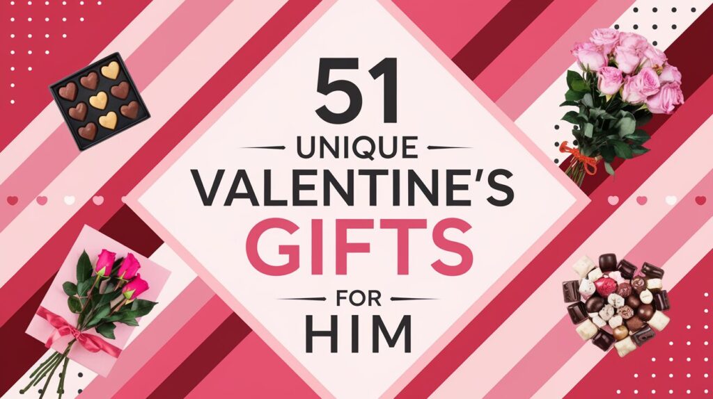 Diagonal stripes in vibrant shades of pink and red. At the center, there's a bold text that reads '51 unique valentine's gifts for him'. Surrounding this text are various objects: a box of chocolates with heart-shaped candies, a bouquet of pink roses tied with a ribbon, and a container filled with assorted chocolates. 