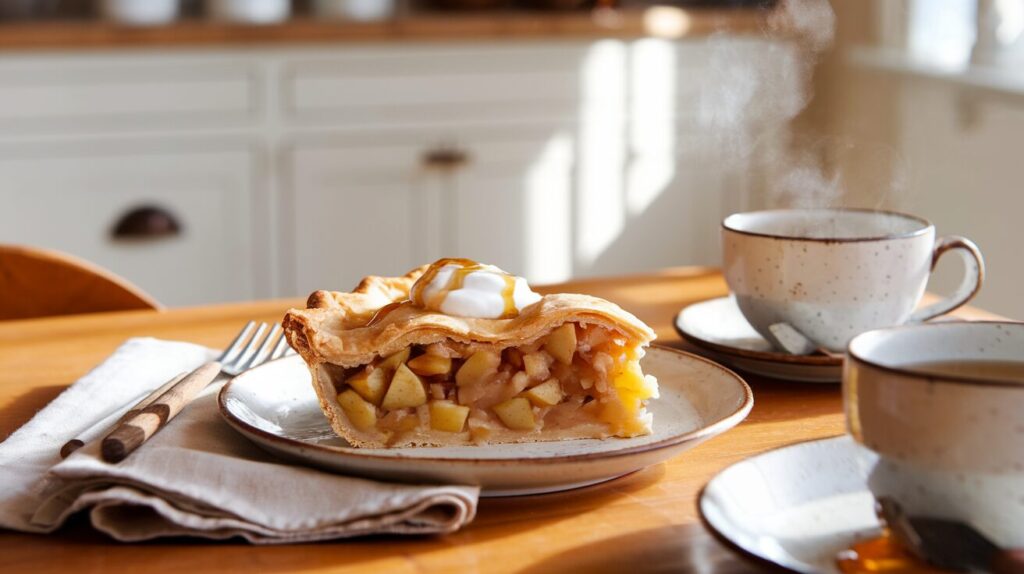 A photo of a perfectly plated slice of golden, flaky apple pie with tender, spiced apple filling. The pie sits on a white ceramic plate atop a warm wooden kitchen table. A dollop of Greek yogurt and a drizzle of honey adorn the slice. Soft linen napkins, a rustic fork, and a steaming cup of herbal tea complete the cozy farmhouse breakfast aesthetic. Natural light streams in, illuminating the white cabinetry and farmhouse-style decor in the background.