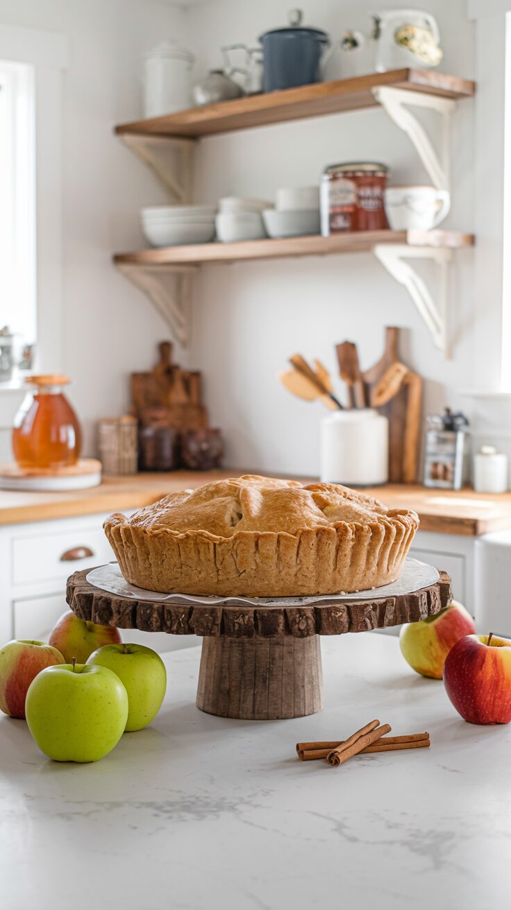 A photo of a beautifully baked apple pie with a golden-brown, flaky whole wheat crust on a white marble countertop in a bright farmhouse kitchen. The pie rests on a rustic wooden cake stand, surrounded by fresh Granny Smith and Honeycrisp apples, a honey jar, and cinnamon sticks. In the background, white cabinetry and open wooden shelves filled with vintage baking essentials create a cozy, inviting atmosphere.