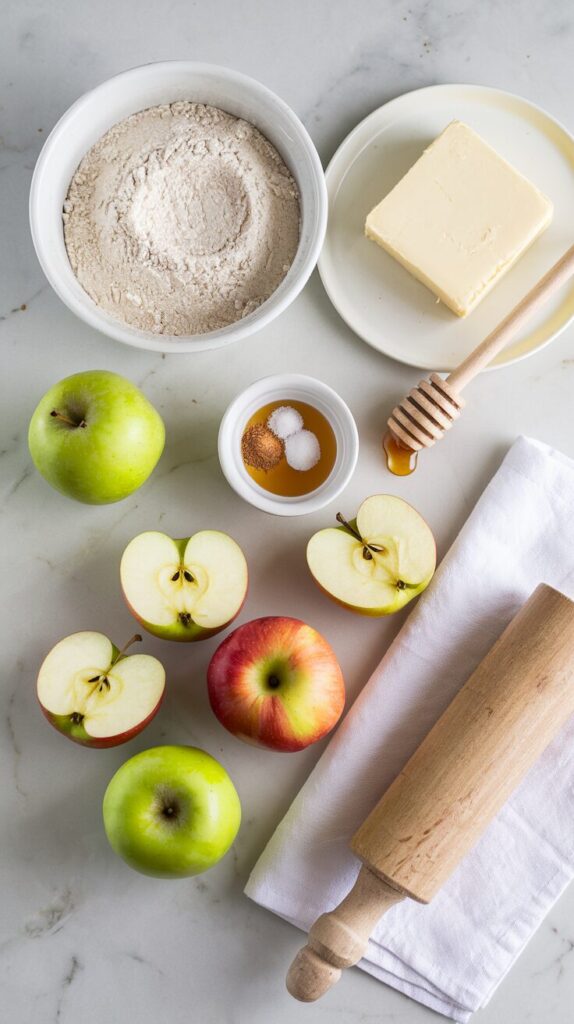 A bright and airy flat lay of fresh ingredients for a homemade apple pie, displayed on a white marble countertop. There is whole wheat pastry flour, a slab of grass-fed butter, sliced Granny Smith and Honeycrisp apples, a small bowl of cinnamon and nutmeg, a honey dipper drizzling honey, and a vintage wooden rolling pin. A farmhouse-style white linen napkin adds a soft, rustic touch.