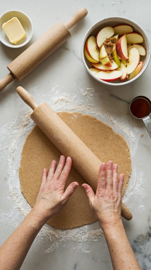 A photo of hands rolling out a whole wheat pastry dough on a lightly floured white marble countertop. Freshly sliced apples in a mixing bowl are being coated with cinnamon, nutmeg, and honey. A wooden rolling pin, a small dish of butter, and a measuring spoon filled with maple syrup are scattered around, evoking a warm and homey farmhouse baking scene.