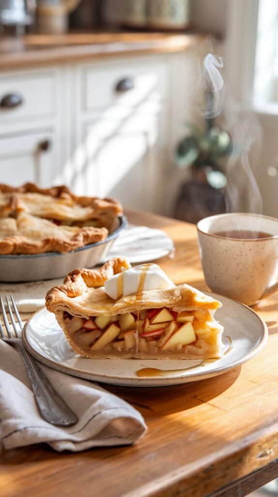 A photo of a perfectly plated slice of golden, flaky apple pie with tender, spiced apple filling. The pie sits on a white ceramic plate atop a warm wooden kitchen table. A dollop of Greek yogurt and a drizzle of honey adorn the slice. Soft linen napkins, a rustic fork, and a steaming cup of herbal tea complete the cozy farmhouse breakfast aesthetic. Natural light streams in, illuminating the white cabinetry and farmhouse-style decor in the background.