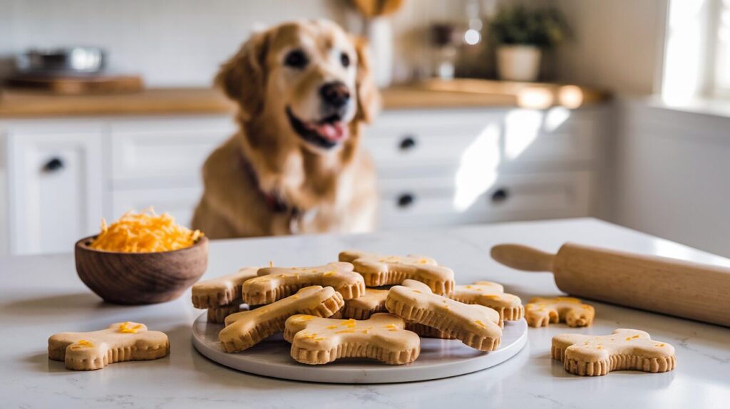 A picture of a warm and inviting white modern farmhouse kitchen. The central focus is on a white marble countertop displaying a batch of freshly baked homemade cheesy dog biscuits / treats in fun bone and paw print shapes. The biscuits, with a golden-brown, slightly rough texture and small flecks of cheddar cheese, sit prominently. A small wooden bowl filled with shredded cheddar cheese and a rolling pin are positioned nearby. In the background, slightly blurred to add depth, a happy golden retriever with perked-up ears sits, eagerly awaiting a treat. The lighting is soft and natural, casting a cozy, homemade ambiance.