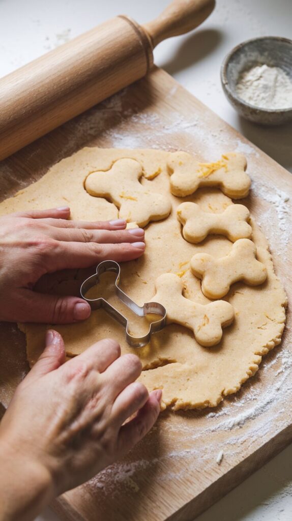 A close-up top-down view shows hands rolling out dough on a floured butcher block, using a bone-shaped cookie cutter for homemade dog biscuits. The dough features visible bits of cheddar cheese, with a small pile of biscuits ready for baking nearby. The setting includes a wooden rolling pin and a small bowl of flour, with soft, natural lighting enhancing the warm, inviting atmosphere.