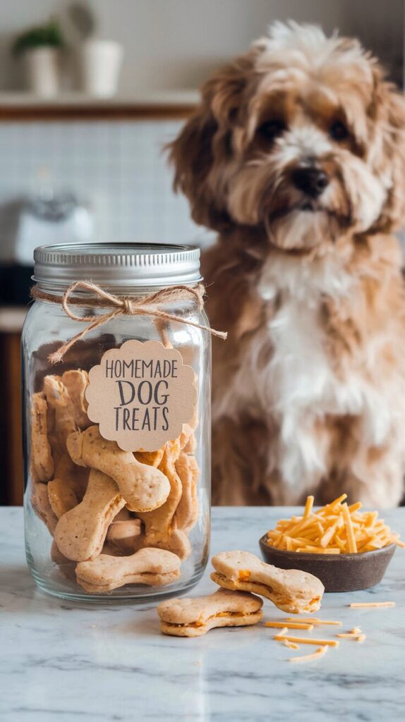 The image features a glass jar filled with homemade cheesy dog biscuits, adorned with a rustic twine bow and labeled "Homemade Dog Treats." A few biscuits are artistically scattered on a marble countertop beside a small dish of shredded cheddar cheese. In the background, a fluffy dog sits patiently, watching eagerly. The scene exudes a warm, cozy atmosphere, ideal for showcasing pet treats in a Pinterest-worthy style.