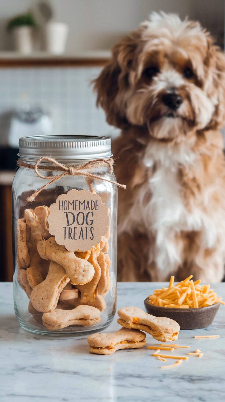 The image depicts a warm and inviting white modern farmhouse kitchen. The central focus is on a white marble countertop displaying a batch of freshly baked homemade cheesy dog biscuits in bone shapes. The biscuits, with a golden-brown, slightly rough texture and small flecks of cheddar cheese, sit prominently. A small wooden bowl filled with shredded cheddar cheese and a rolling pin are positioned nearby. In the background, slightly blurred to add depth, a happy golden doodle sits, eagerly awaiting a treat.