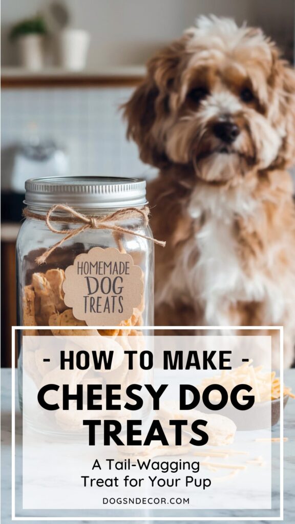 Pinterest Pin a golden doodle happily sitting waiting for a dog bone shaped cheesy homemade dog biscuit that is inside a glass jar, labeled as such. 