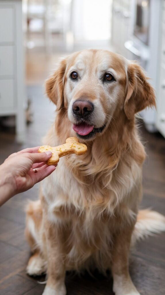 A golden retriever eagerly licks its lips while a hand offers it a bone-shaped, cheesy homemade dog biscuit in a soft-focused, white farmhouse kitchen setting.