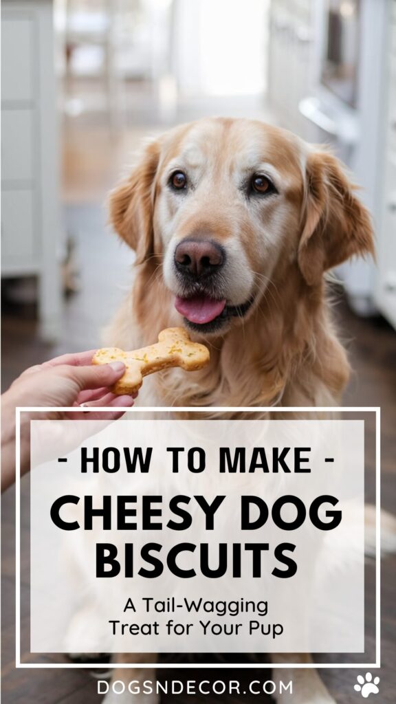 A pinterest pin that features a golden retriever eagerly licks its lips while a hand offers it a bone-shaped, cheesy homemade dog biscuit in a soft-focused, white farmhouse kitchen setting.  The words How To Make Cheesy Dog Biscuits is written on top of the picture. 